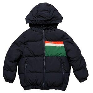 Lacoste Puffer Jacket Kids Size 6 Full-Zip Hooded Contrast Striped Blue